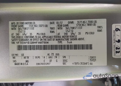 2017 Ford F-150 Xlt from USA, damaged, VIN 1FTEW1EG9HFA87504